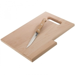 Wooden cutting board with knife
