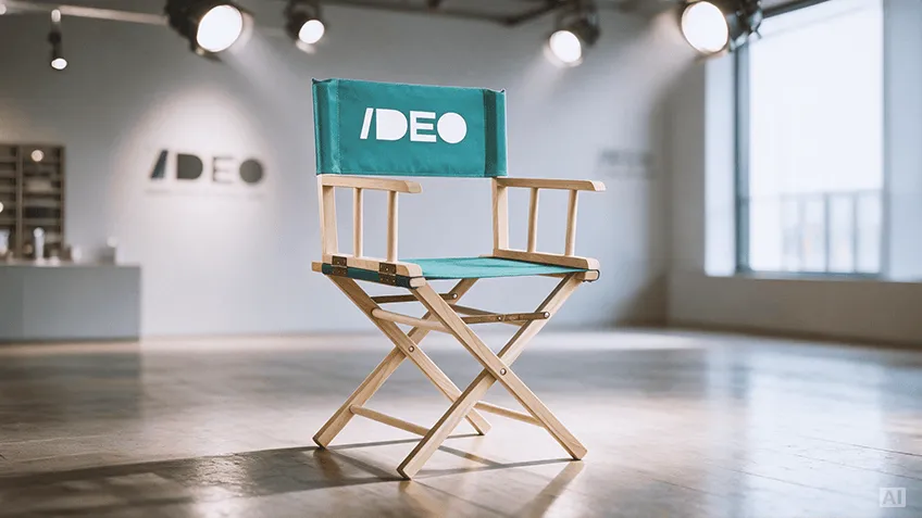Wooden director's chair with turquoise fabric and the logo, placed in a studio with stage lighting.