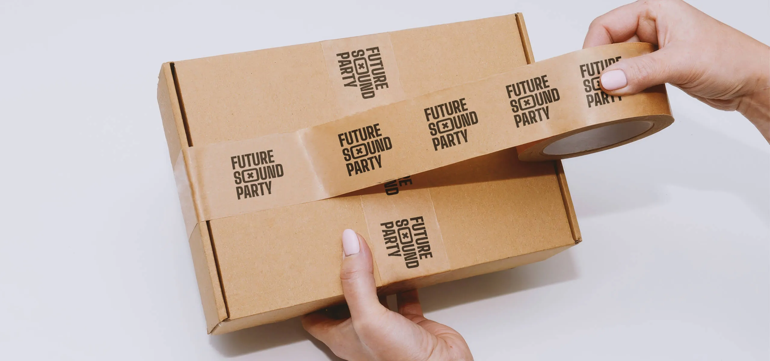Printed Kraft paper tape used to seal a cardboard box