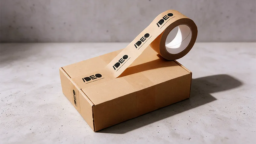 Printed Kraft paper tape on a cardboard box with company logo