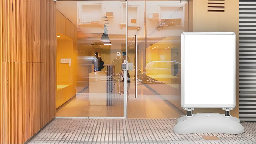 Outdoor advertising A-board with weighted base placed in front of a building entrance
