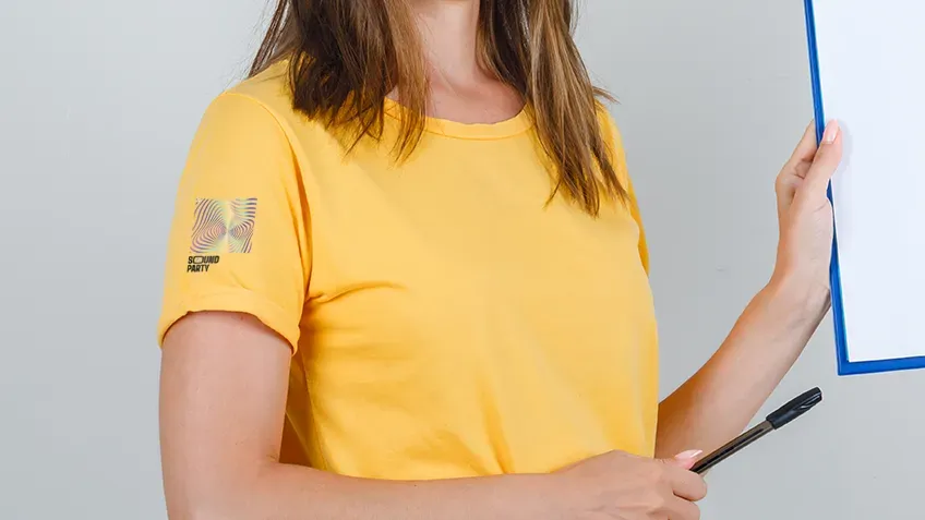 Yellow women's T-shirt with colourful print on the sleeve