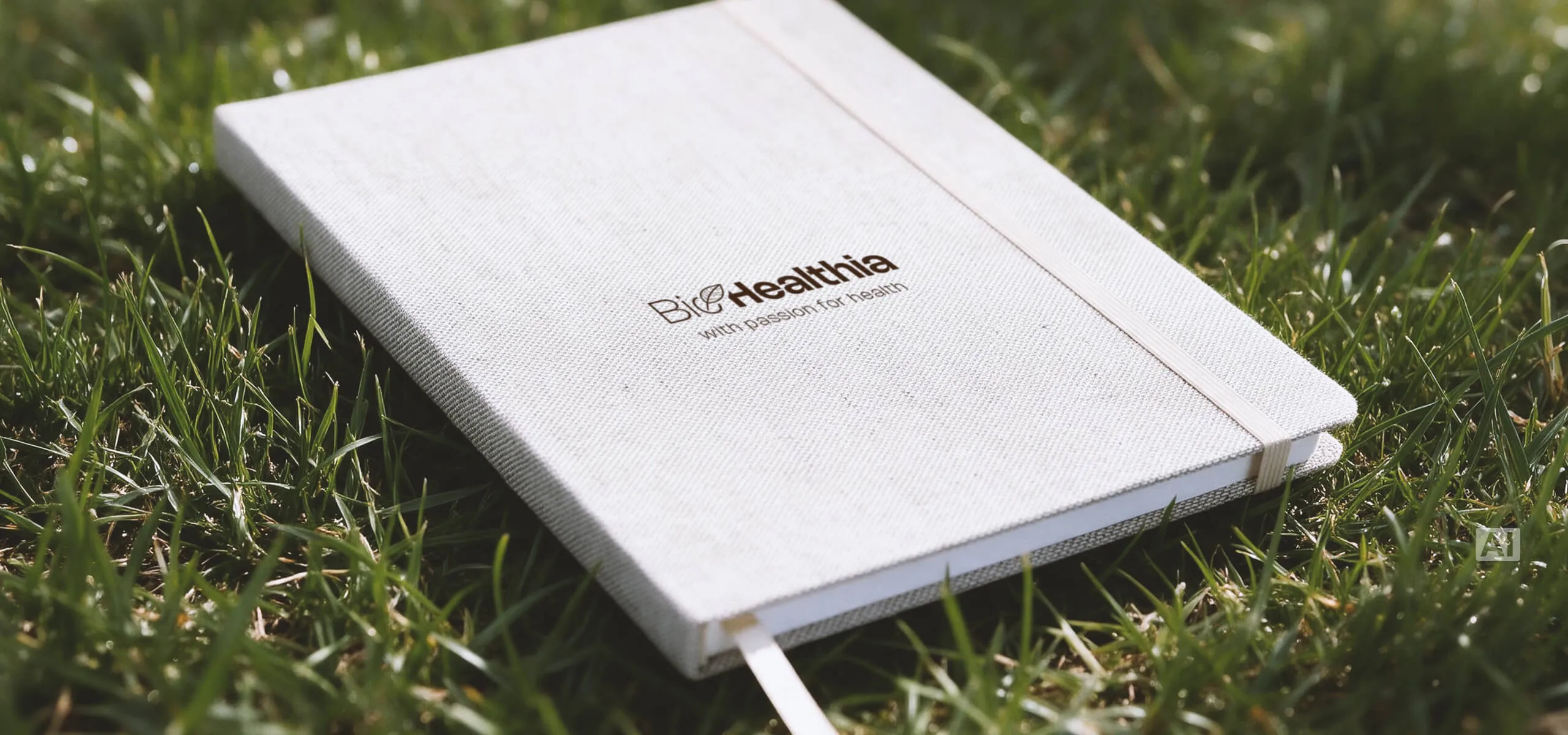 Light-coloured A5 daily diary in a hard cover with logo and elastic band