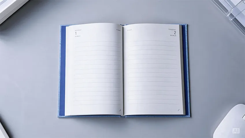 Open A5 daily diary in a blue hard cover