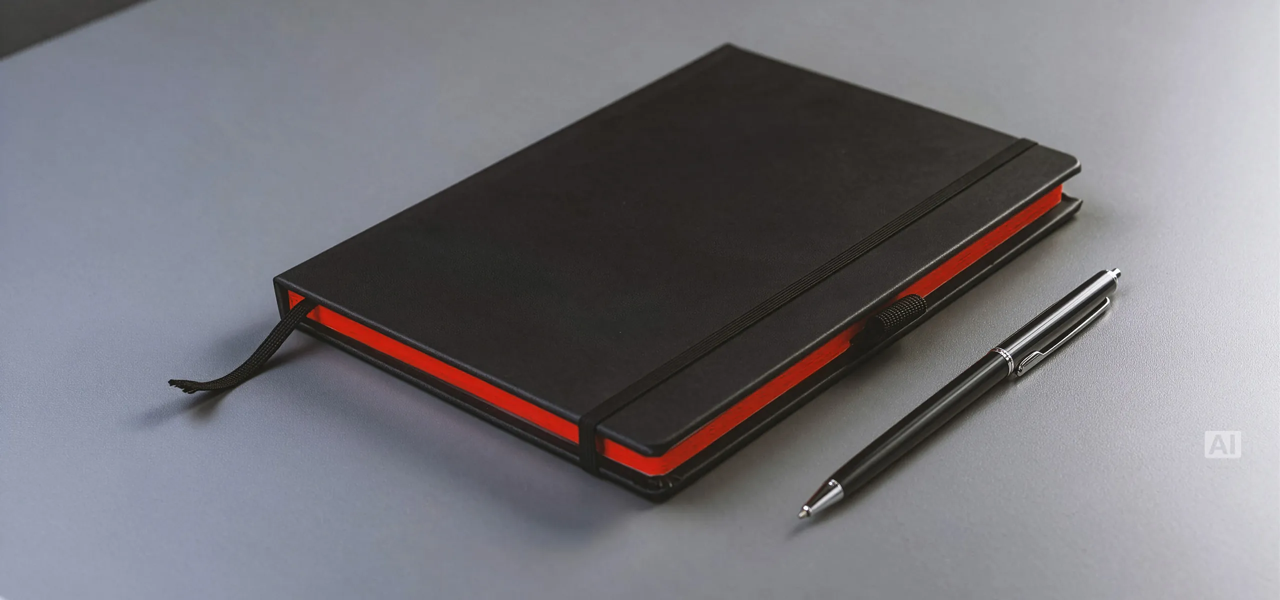 Black A5 weekly diary in a hard cover with elastic band, ribbon and red page edges