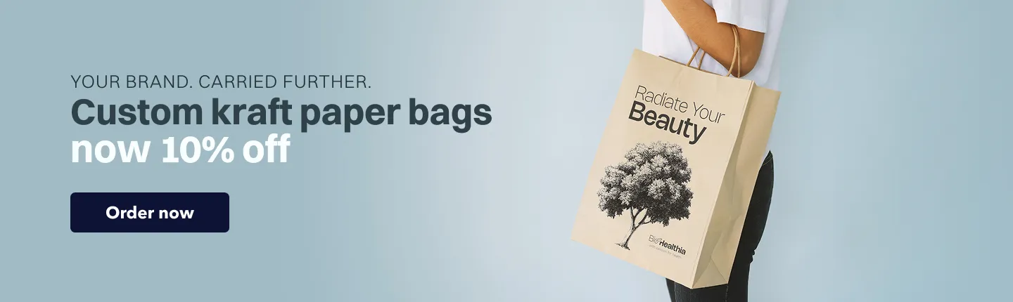 Promotional banner featuring custom printed kraft paper bags with handles
