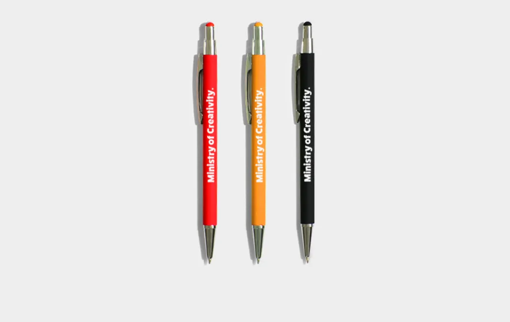 Soft-touch metal ballpoint pen with touch pen and silver accents