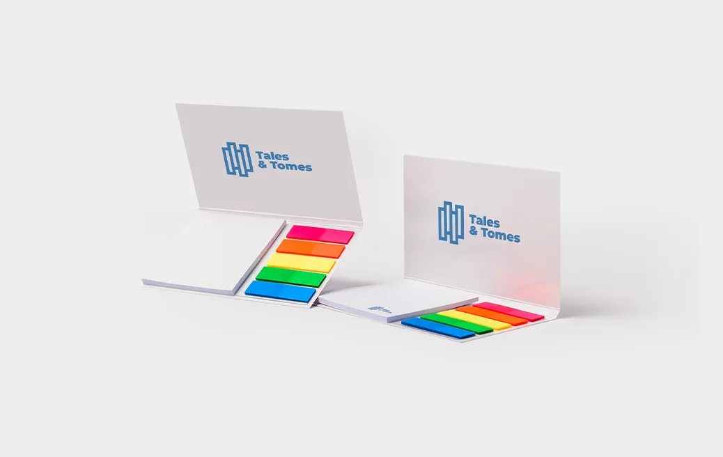 Self-adhesive sticky notes with markers in cover