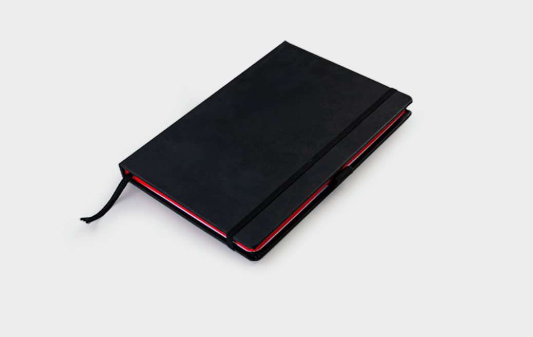 Black A5 daily diary in a hard cover with elastic band, ribbon and red page edges